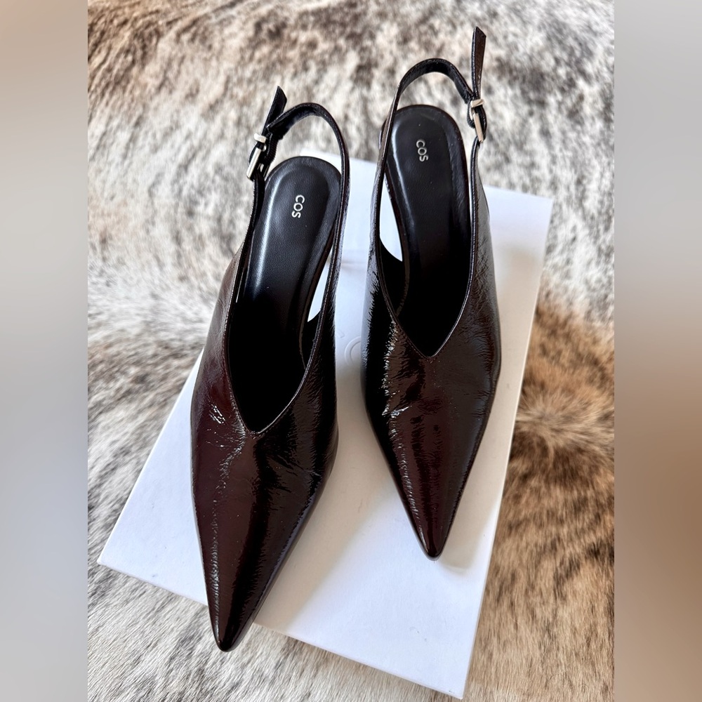 LIKE NEW - COS dark burgundy, patent leather sling backs. Size EU39. (US 8.5)